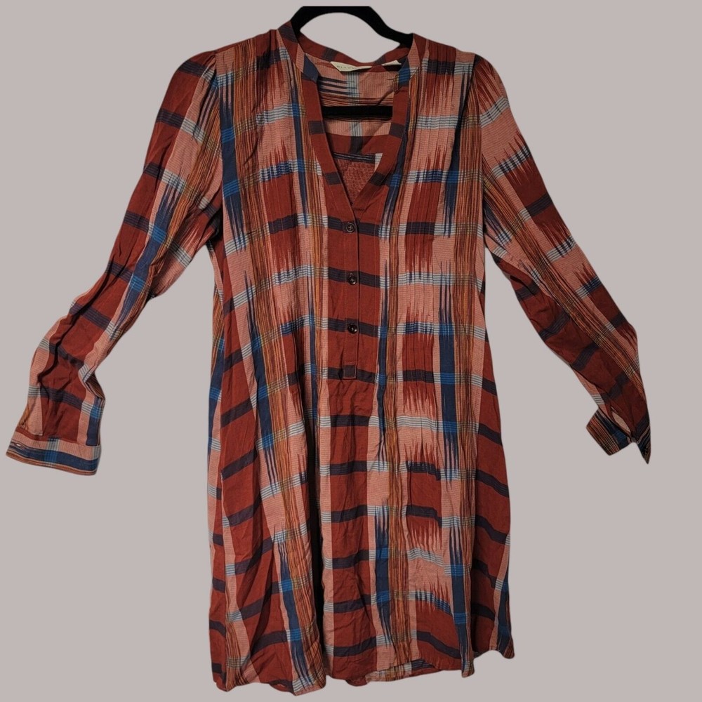 Anthropologie 11.1.TYLHO Sao Paulo Tunic Shirt Dress Plaid Red Long Sleeves XS